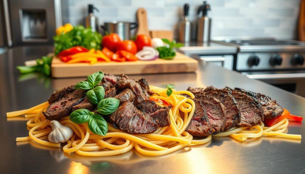 steak pasta preparation