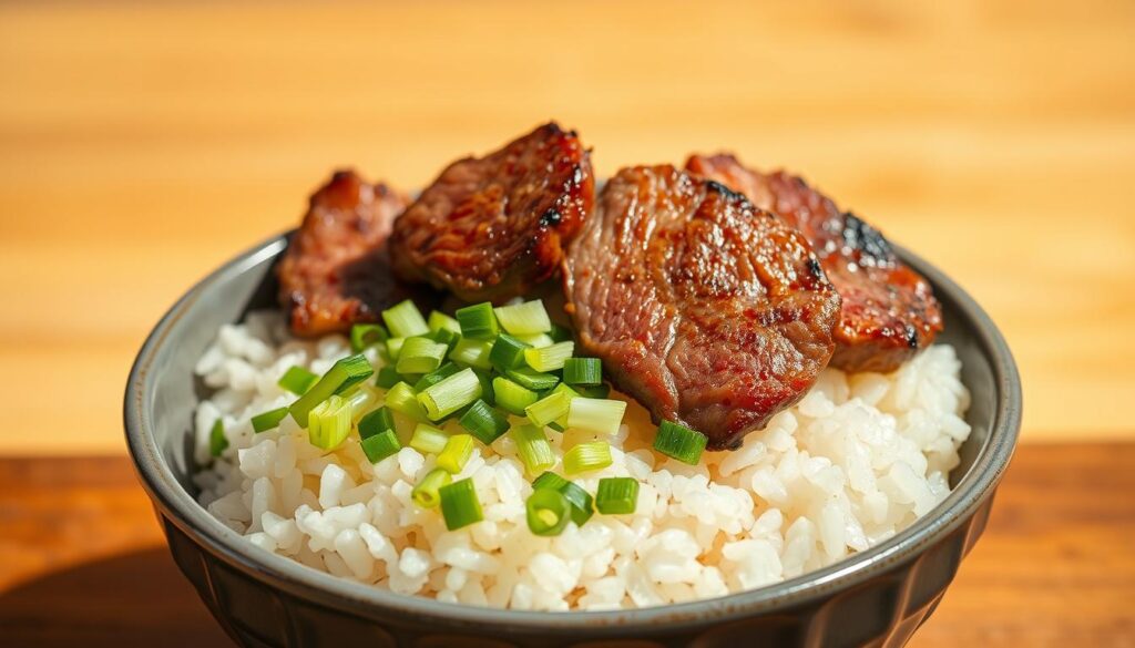 Yoshinoya style beef and rice bowl preparation